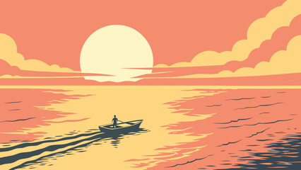 Solitary boat journey at sunset on calm waters