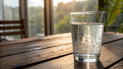 Refreshing glass of water with condensation on a wooden table indoors