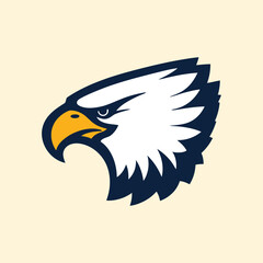 Fototapeta premium Close-up of a majestic eagle's head, rendered in a clean, modern logo style with white plumage, a sharp yellow beak, and dark blue accents, set against a soft, light background.