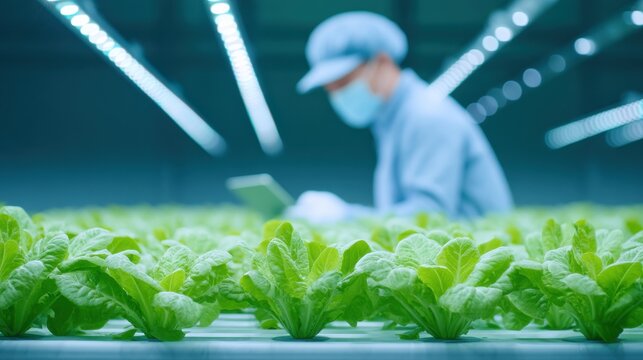 A man wearing a blue hat and a blue shirt is standing in a field of green plants