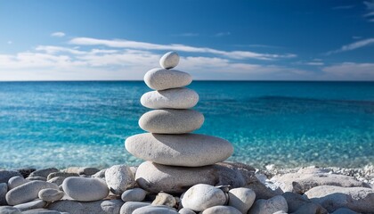 Fototapeta premium pebble heap on a beach serene blue sea background zen balanced stones