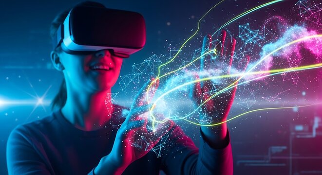 Futuristic VR Headset User Reaching Out