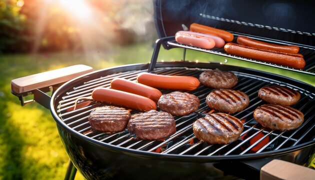 a barbecue grill with sizzling burgers and hot dogs for a memorial day cookout