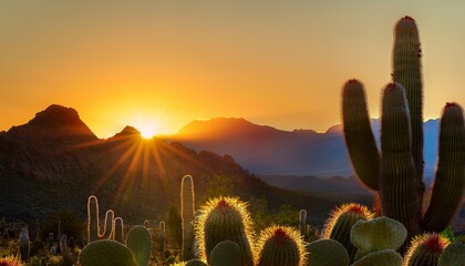 sunrise shining over mountains beneath cactus