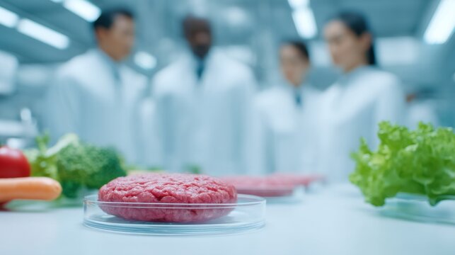 A group of scientists are looking at a piece of meat and vegetables - Powered by Adobe