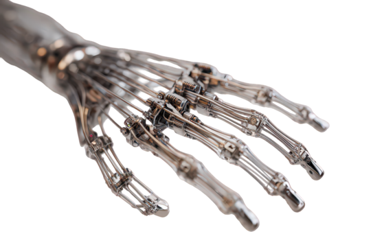 Detailed Closeup of a Metallic Robotic Hand on Transparent Background