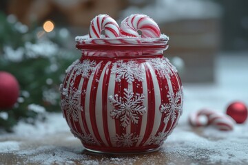 Red and white striped jar filled with assorted candies.