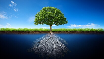 a tree with its roots in the ground and a blue sky