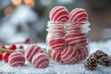 Jar filled with assorted candies.
