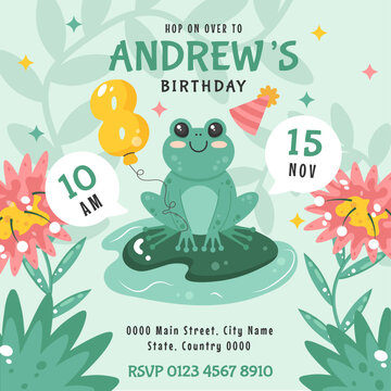 Frog birthday card design for 8th celebration with balloons