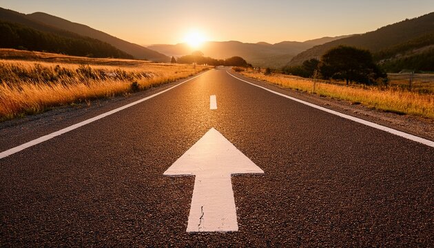asphalt road with white arrow forward symbolizing motivation and progress in golden hour lighting