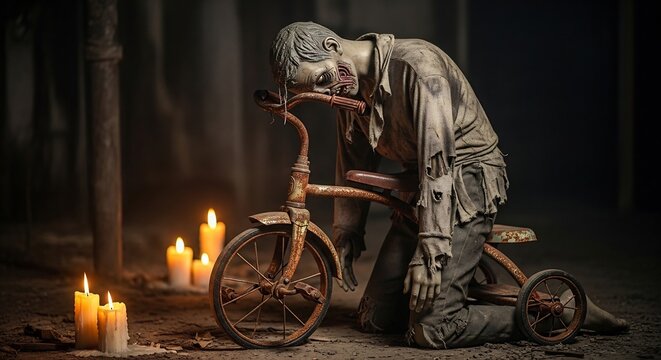A zombie in tattered clothes rests head on a rusty tricycle near lit candles in a dark gritty indistinct environment