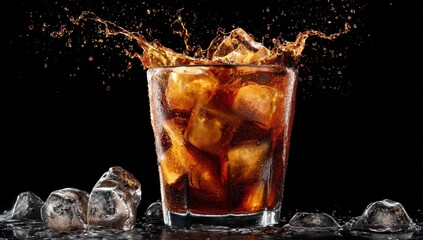 Refreshing Cold Beverage Splashing in Glass with Ice Cubes