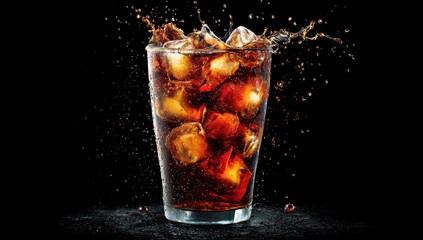 Refreshing Cold Beverage with Ice Cubes Splashing in Dark Background