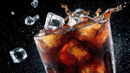 Refreshing Cold Beverage with Ice Cubes Splashing in Dark Background