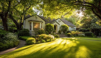 Beautiful suburban home surrounded by lush greenery at sunset