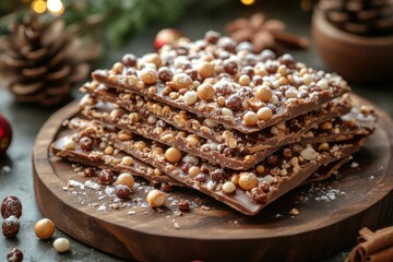 Pile of chocolate bark with nuts and almonds.
