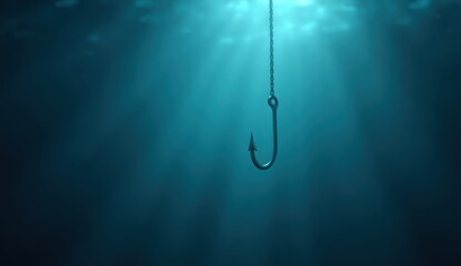 Dark Underwater Scene with Fishing Hook Suspended in Blue Light