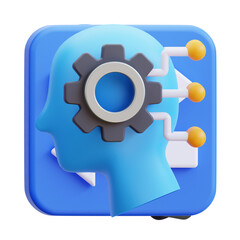 3D Abstract Illustration of Blue Human Head with Gear and Data Lines Representing Artificial Intelligence and Cognitive Computing
