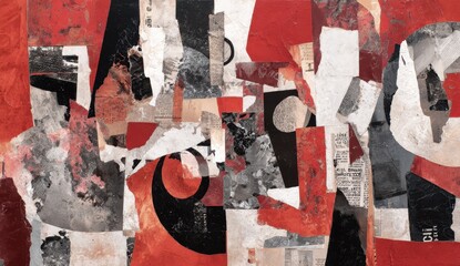 Abstract Collage in Red and Black with Newspaper and Text Elements