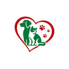 Green silhouette of a dog and cat inside a red heart shape with paw prints, symbolizing animal love and care.