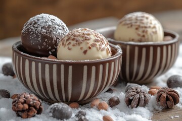 chocolate truffles in a bowl with nuts and chocolate.