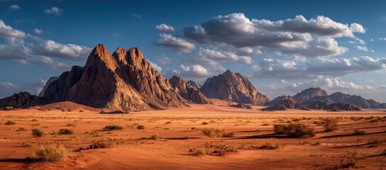 Majestic Desert Landscape with Rugged Mountains and Dramatic Skies