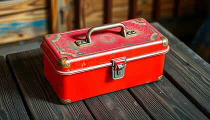A vibrant red metal toolbox sits on a weathered wooden surface,  background,  storage