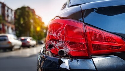 damaged car tail light after collision showing cracked lens and dented body with blurred traffic in the background accident insurance auto repair vehicle damage