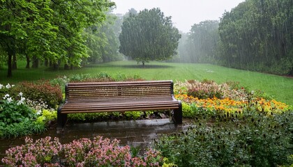 serene spring park scene with rain falling on lush greenery and a wooden bench surrounded by blooming flowers