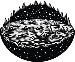 Black and white cartoon illustration of a winter sea landscape with a black and white boat and fish