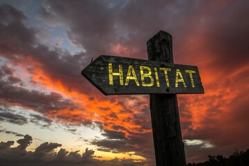 Weathered dark wooden signpost points towards habitat amidst dramatic sunset sky