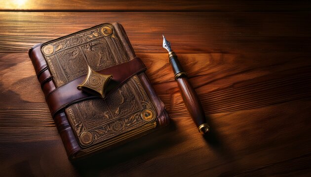 a worn journal with an ink pen on a grand wooden desk