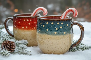 mugs adorned with candy canes and candy canes next to them.