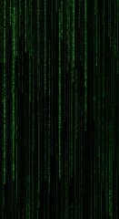 Dynamic green digital rain of code cascading down a dark background creating an abstract technological concept