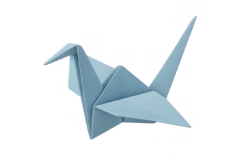 Blue origami paper crane bird on transparent background