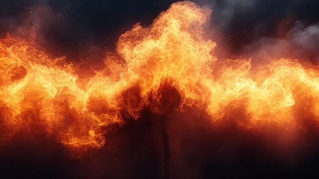 Intense Stream of Fire and Smoke on Black Background.