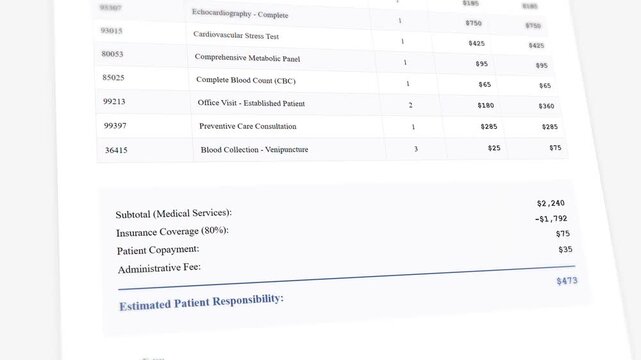 Interactive healthcare cost estimate document with animated financial data and medical billing details