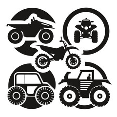Collage of off road vehicle silhouettes including atv dirt bike and jeep atv, quad bike, dirt bike, motorcycle, off road, vehicle, transportation, adventure, extreme sports, recreation, silhouette