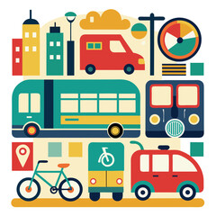 Colorful flat design illustration of urban transportation and city elements transportation, city, urban, illustration, flat design, vector, icon, bus, train, car, bicycle, tuk tuk