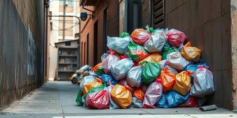 Pile of discarded plastic grocery bags in alleyway,  alley,  environmental damage