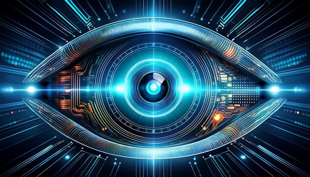 futuristic cyber eye surveillance system featuring electronic scanning technology lights glares and laser circuits for advanced security solutions - Powered by Adobe