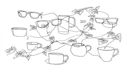 Abstract line art coffee cups and glasses