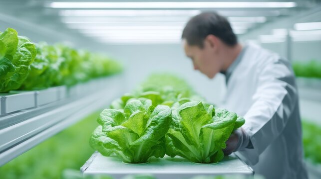 A man in a white lab coat is tending to a row of green lettuce plants