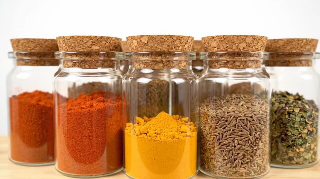 Variety of vibrant ground and whole spices beautifully displayed in glass jars with cork lids, set against a white backdrop. Delicately zooming in on the assortment