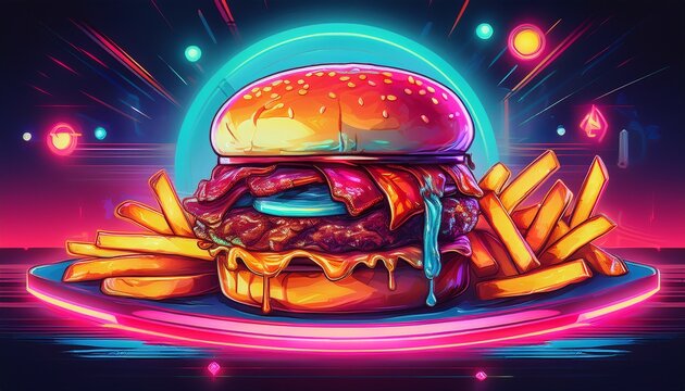 juicy bacon cheeseburger fries diner neon retro - Powered by Adobe