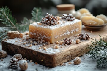 Soap and nuts on wooden cutting board.