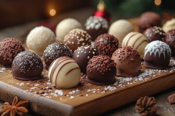 Chocolates neatly arranged on a wooden board.