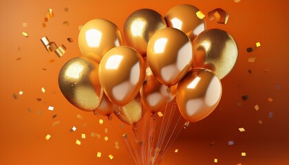 helium filled golden balloons with gold glitter confetti on vibrant orange background for 30th birthday celebration 3d render