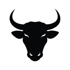 Black silhouette of a bull's head with large horns and piercing gaze, bull head close up silhouette vector illustration